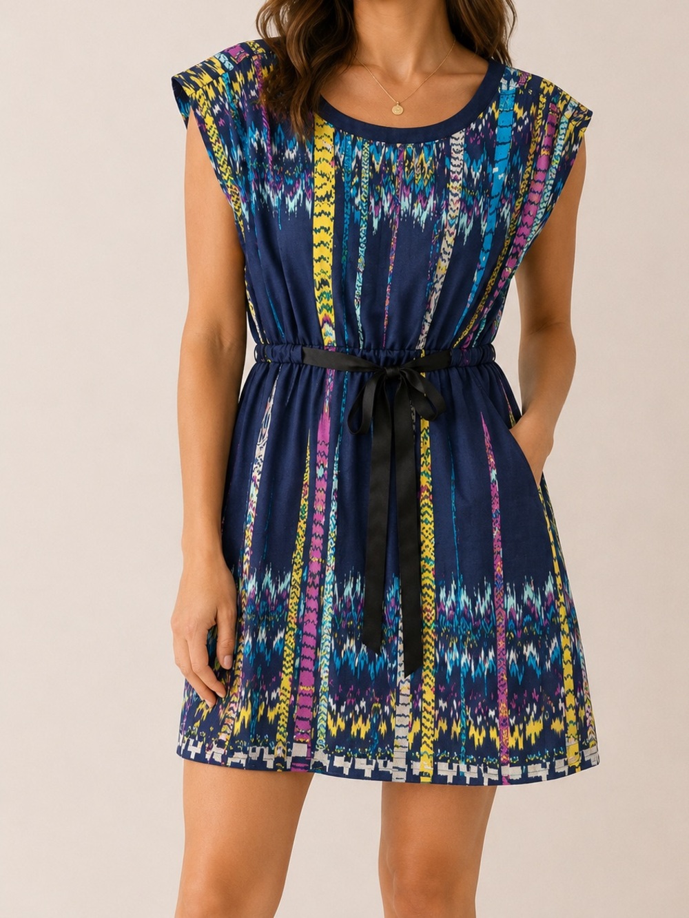 BeBop Navy Multicolor Ikat Print Belted Mini Dress Large